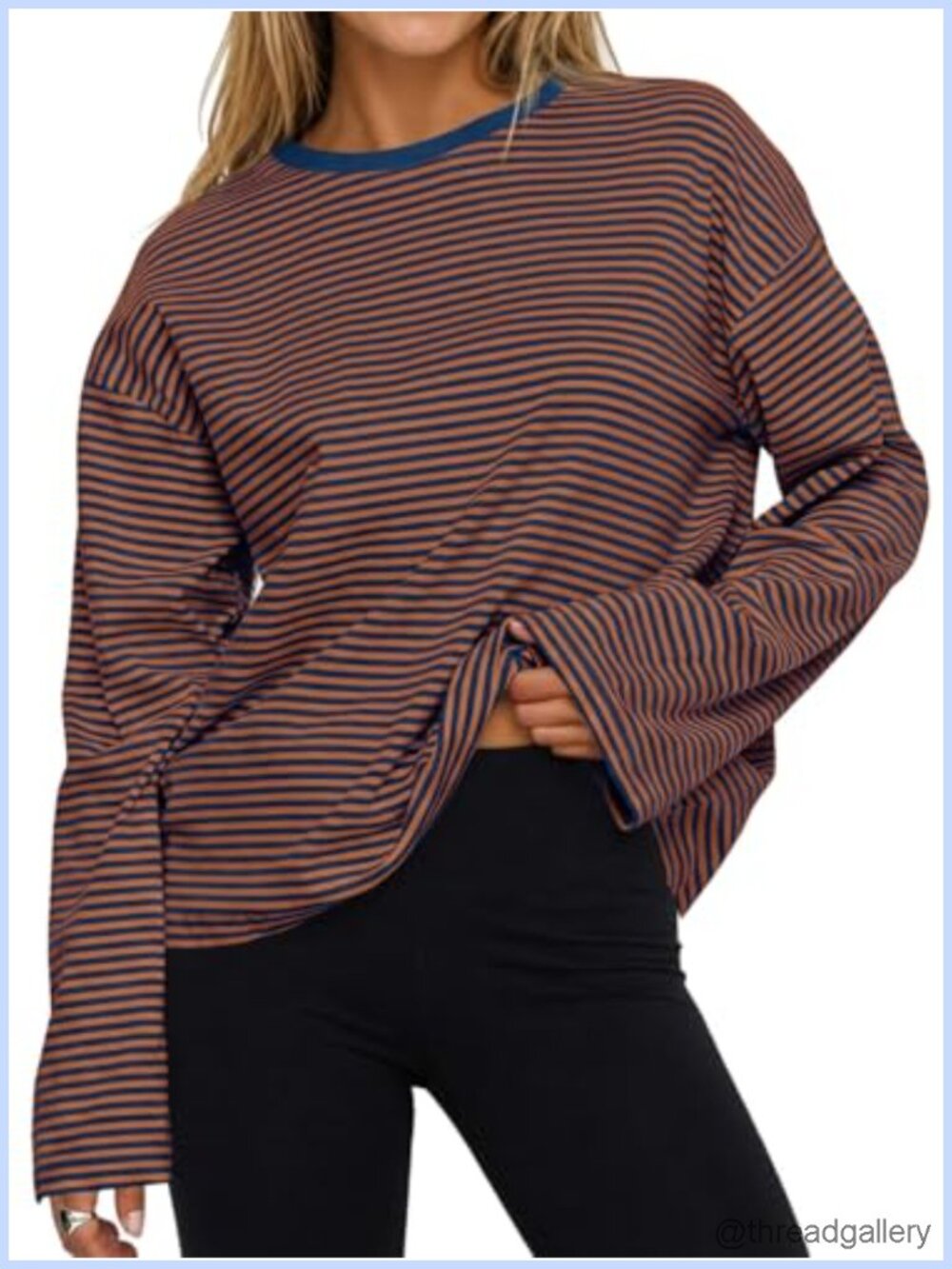 Women's Oversized Striped Long Sleeve Crew Neck Cotton T-Shirt